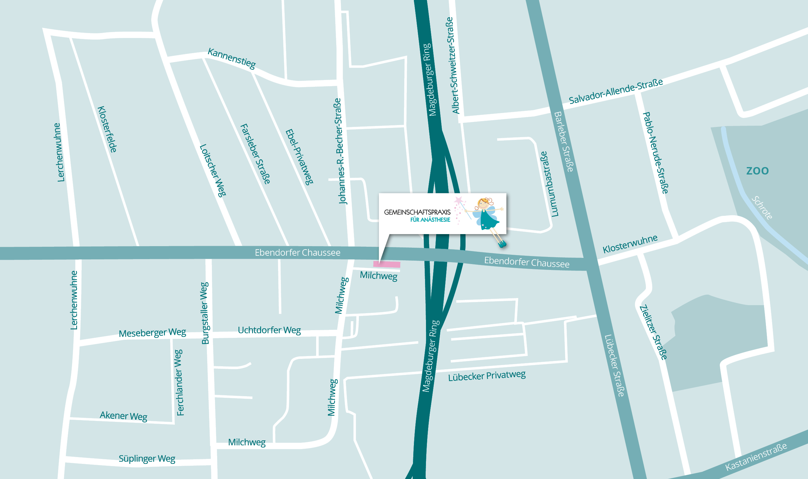 Anfahrtsskizze zur Gemeinschaftspraxis für Anästhesie, Standort Narkosen Magdeburg in der Ebendorfer Chaussee